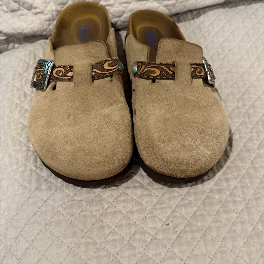 Birkenstock Suede Clogs in Tan with Decorative Buckle